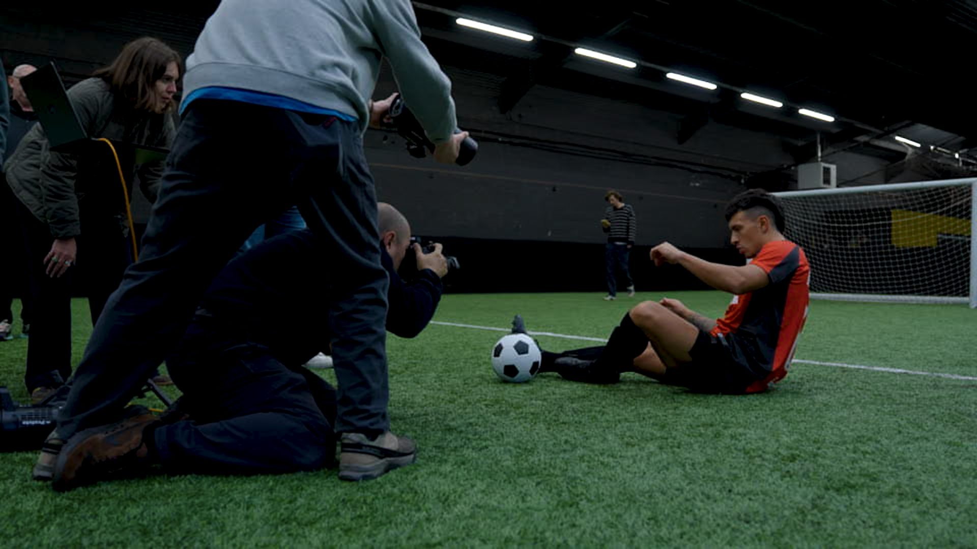 Crew setting up around the player on the Martinez shoot